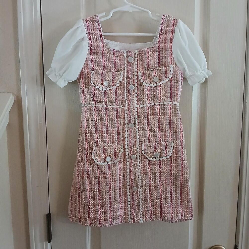 Vintage Preppy Pink Tweed Plaid Dress Pearl Buttons Coquette Preppy Barbiecore